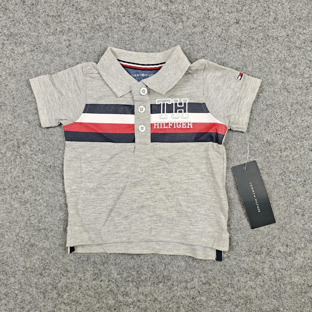 Tommy Hilfiger Polo Shirt Baby Boys 3-6M Gray Striped Logo Short Sleeve New